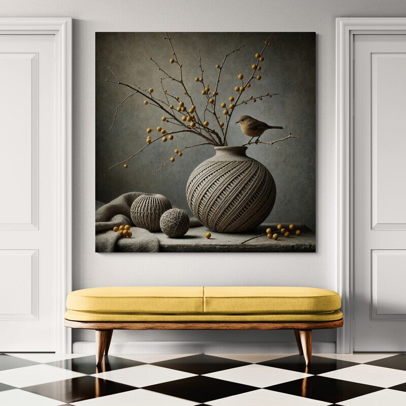 Landelijk schilderij met vogel en gele bessen