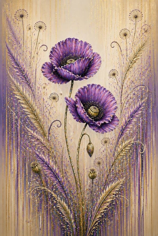 Paarse Bloei in Goud – bloemenschilderij met klaprozen en gouden accenten