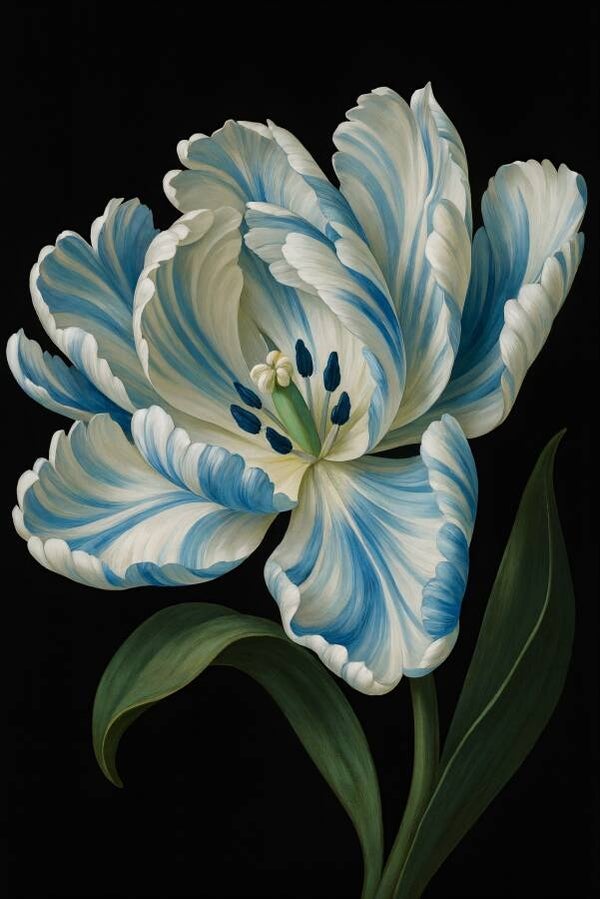 Tulipe Nocturne – stilleven schilderij van blauwe tulp op zwart