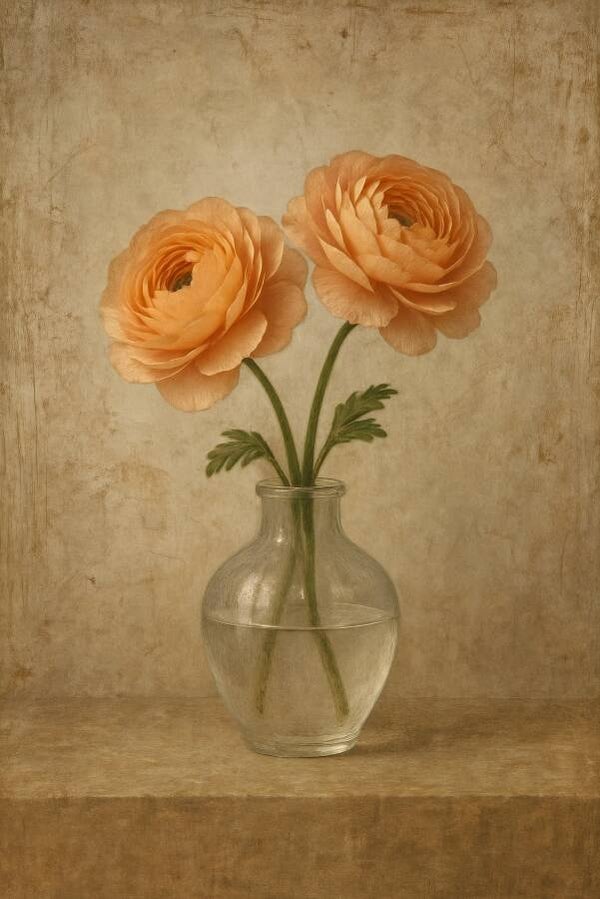 Deux Silences – bloemenschilderij met perzikkleurige ranonkels in vaas