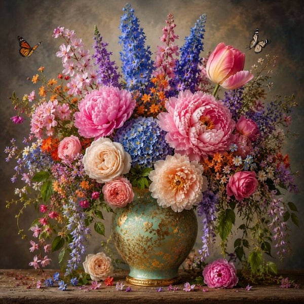 Bloementuin in Pastel – Bloemen schilderij met pioenrozen en vlinders