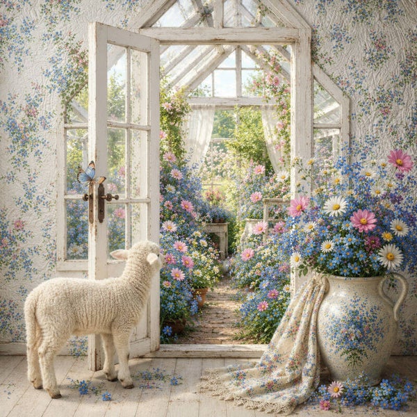 De Open Bloementuin – landelijk schilderij met lam en cottage tuin