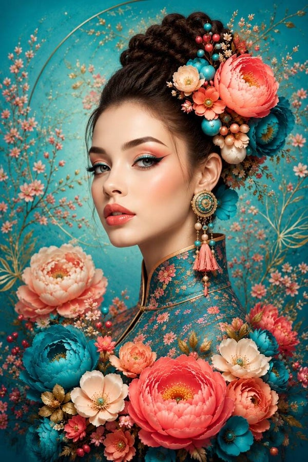 Bloementuin van Jade – vrouw schilderij met bloemen in turquoise en roze
