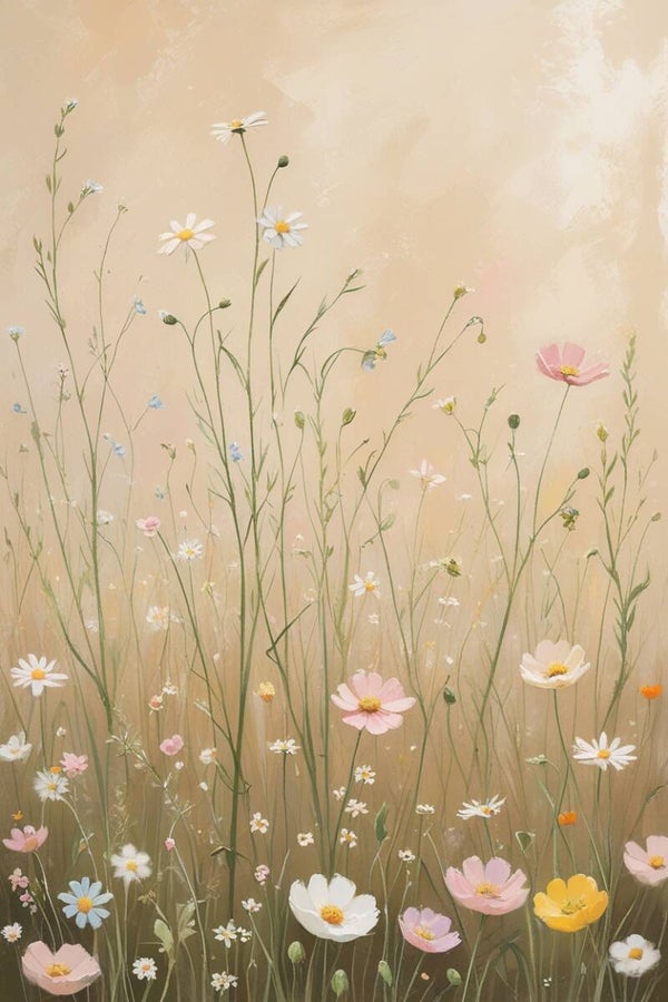 Dans van het veld – kunstwerk met bloemenweide in zachte tinten