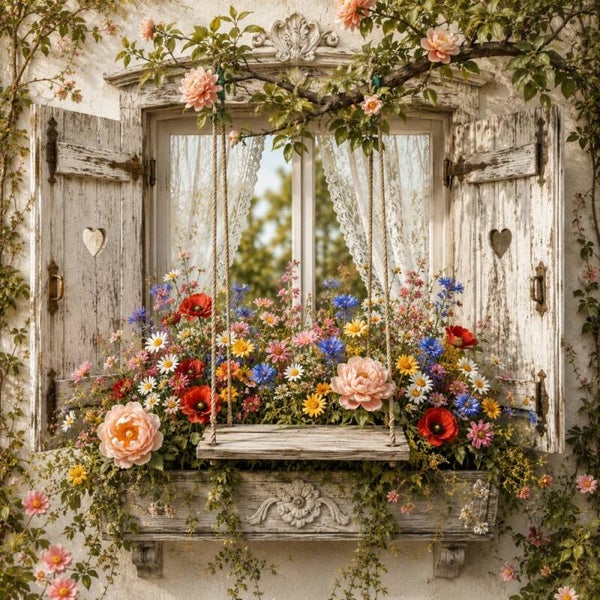 Bloemenvenster met Schommel – landelijk schilderij vol tuincharme