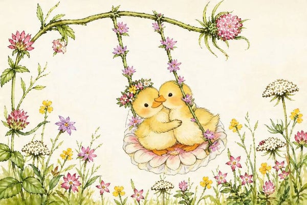 Bloemenwieg – eendjes schilderij in bloemenweide voor kinderkamer
