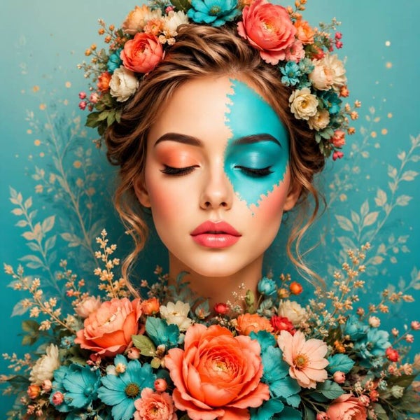 Bloemenziel – vrouw schilderij met turquoise en koraalkleurige bloemen
