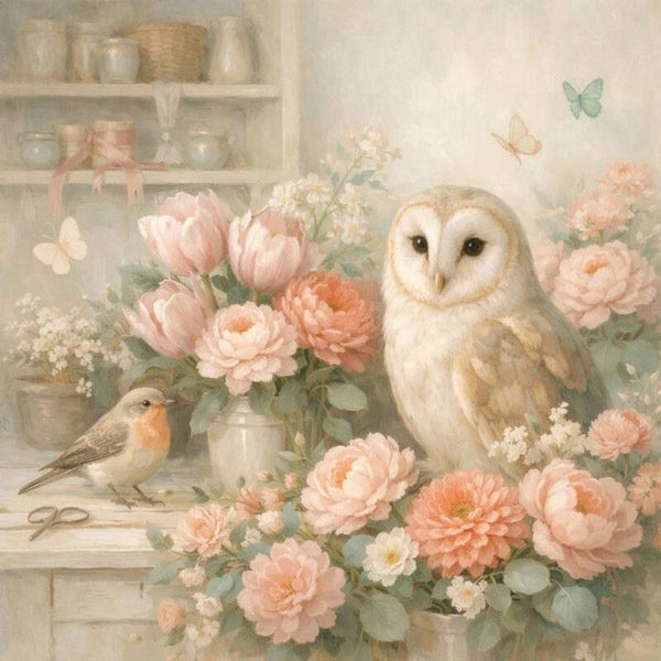 Bloemenzolder – schilderij uil, roodborstje en tuinbloemen, landelijke wanddecoratie