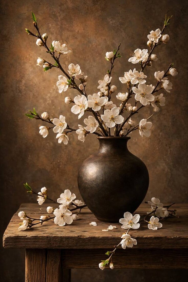 Bloesemtakken op houten tafel – schilderij met vaas en witte bloesem