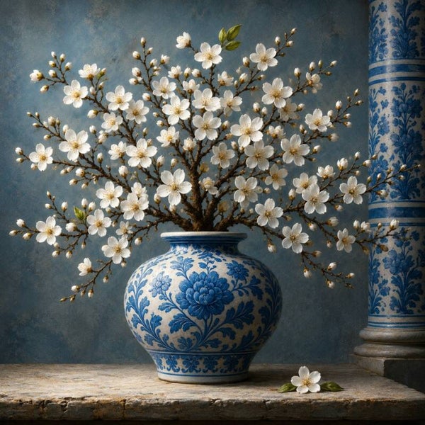 Bloesem van Delft – Delfts blauw kunstwerk met bloeiende takken