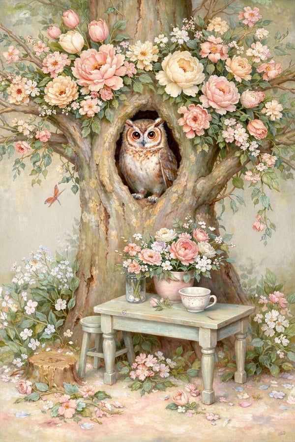 Bloesemwachter – uil schilderij in bloeiende boom, landelijke wanddecoratie