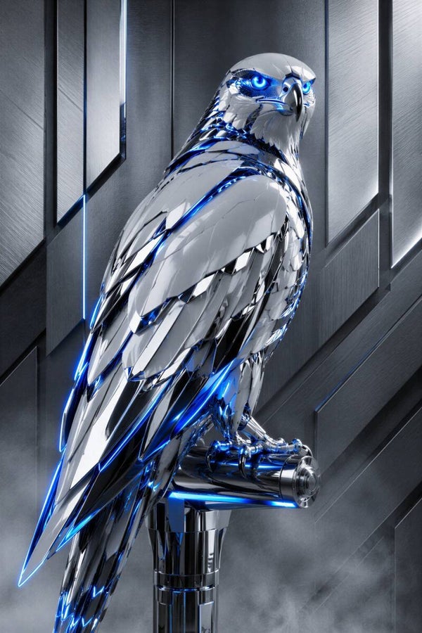 Blue Talon – Futuristische Robot Valk Roofvogel Schilderij in Zilver Wit en Neon Blauw