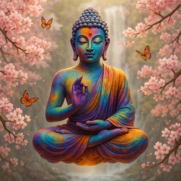 Zen Spectrum – Boeddha tussen bloesems in regenboogkleuren