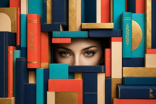 Verborgen Hoofdstukken – boeken schilderij met vrouwelijk portret