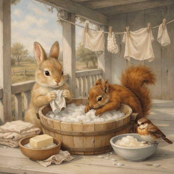Boenbrigade – schilderij konijn en eekhoorn, landelijke veranda wanddecoratie