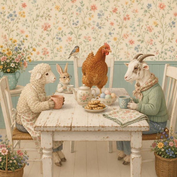 Boerderijontbijt – nostalgisch schilderij dieren aan tafel