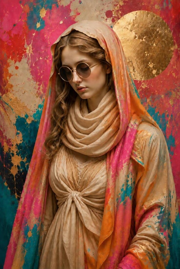 Gouden Stilte – vrouw portret met kleurrijke sluier