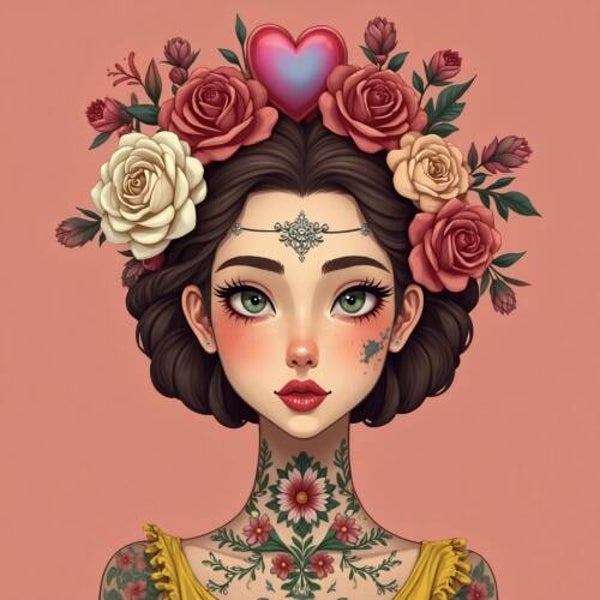Blooming Priestess – vrouw schilderij met bloemen en hart