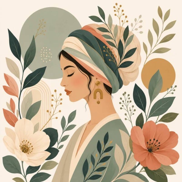 Boho Botanica – Sage Harmony - boho vrouw schilderij met bloemen en bladeren