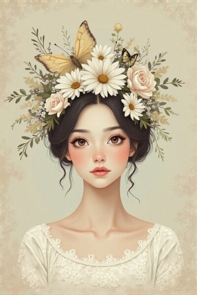 Vlinderdroom – Boho Wanddecoratie met Bloemenportret in Vintage Look