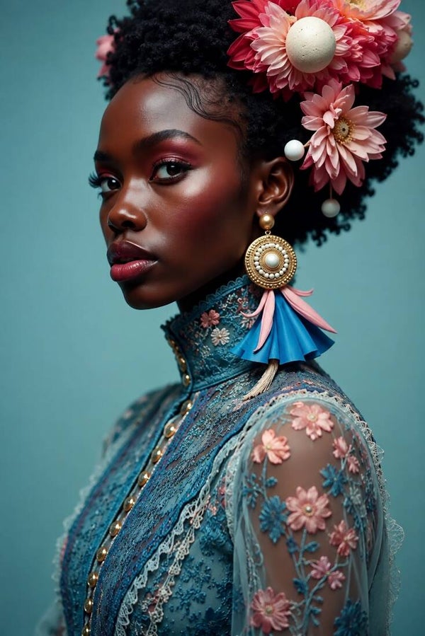 Bold Blossom – portret schilderij met bloemen en blauwe couture