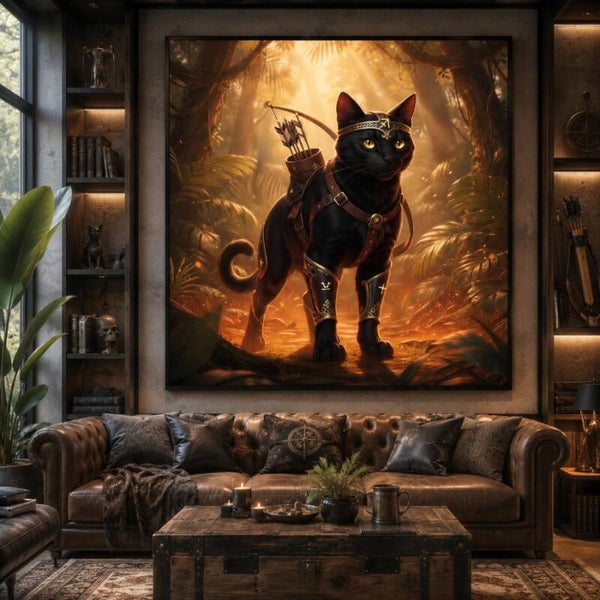 Vlamdrager – sterrenbeeld Boogschutter schilderij met zwarte kat en boog