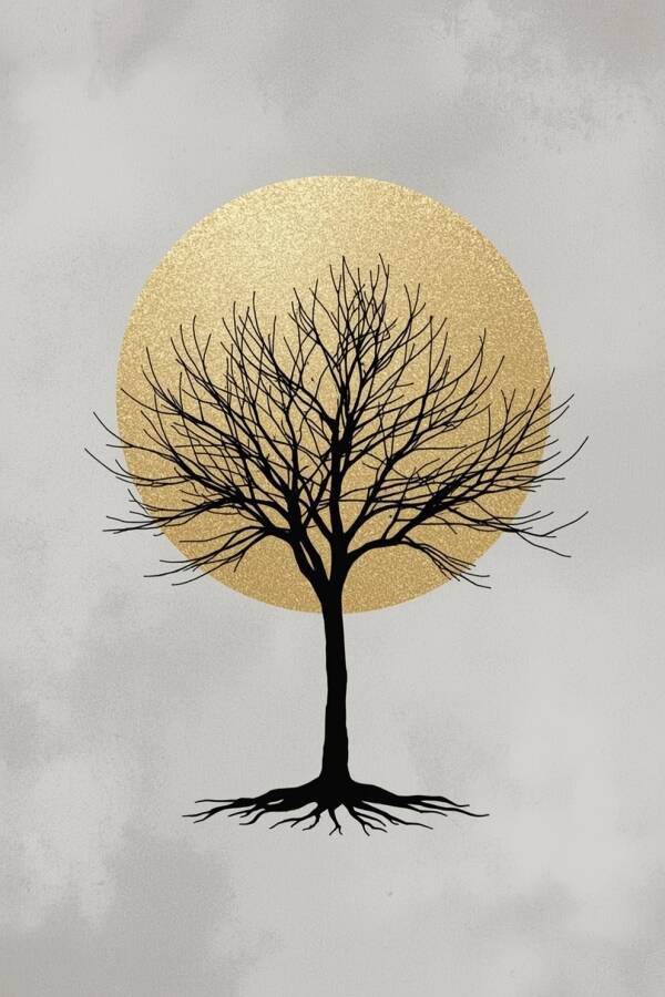 Gouden Stilte – minimalistisch boomschilderij met zon