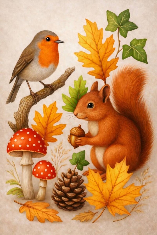 Bosrijk tafereel – kunstwerk eekhoorn met eikel en roodborstje