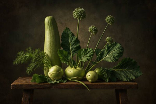 Botanical Pantry – Groen groente stilleven met koolrabi en courgette voor de keuken