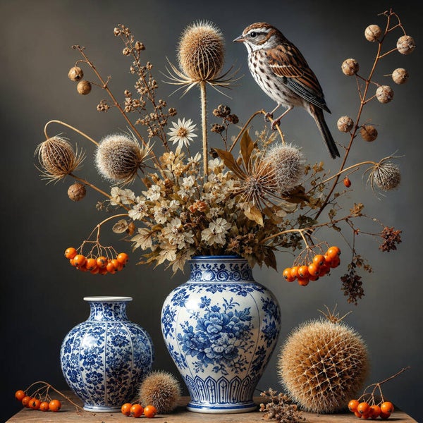 Stilte op Porselein – Delfts blauw bloemen in een vaas