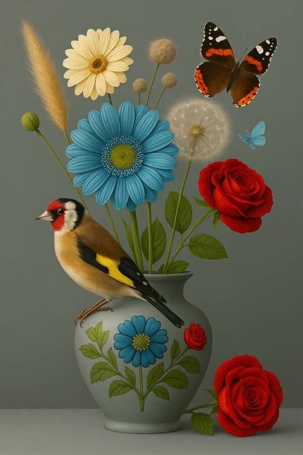 Bloemenpracht met Puttertje – Klassiek botanisch stilleven
