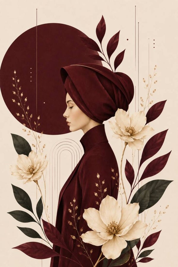 Flora Mystique – Crimson Reverie - botanisch stoer vrouw schilderij met bloemen