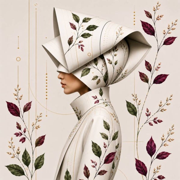 Flora Mystique – Crimson Veil - botanisch stoer vrouw schilderij met bladeren
