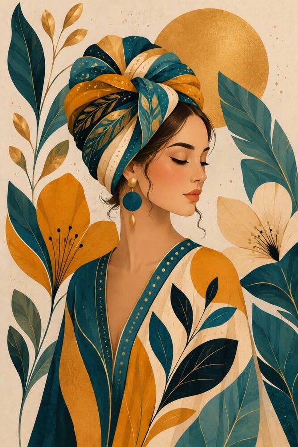 Gouden Oceaan - botanisch vrouw portret in blauw en goud