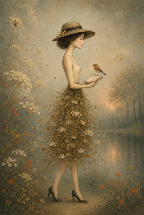 Boek van de Stilte – landelijk vrouw schilderij met vogel en bloemen