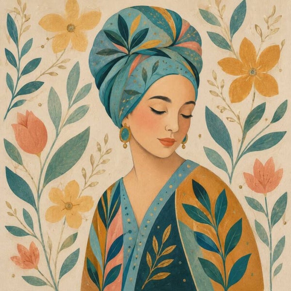 Botanische Serenade – vrouw schilderij met bloemen en bladeren