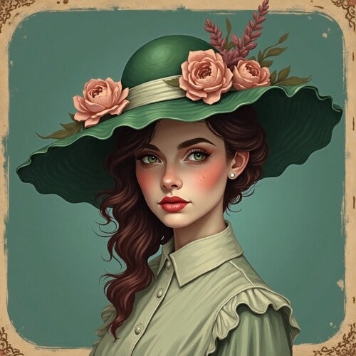 Portret van vrouw met groene hoed en bloemen, zachte kleuren