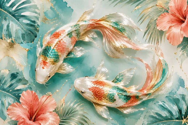 Tropical Paradise Koi – koi vissen schilderij met tropische bloemen