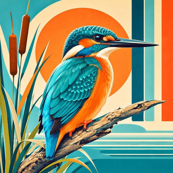 Retro Kingfisher – vintage pop-art schilderij ijsvogel met lisdodde en zon
