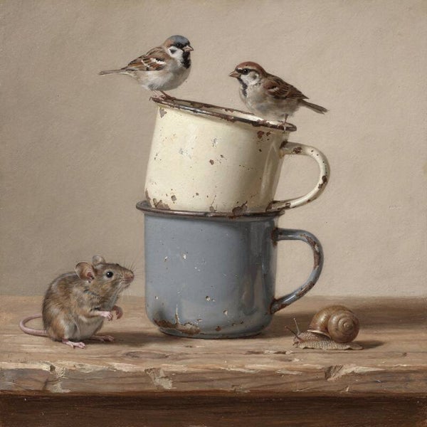 Bovenop de Ochtend – schilderij met mussen, muis en slak in landelijke sfeer