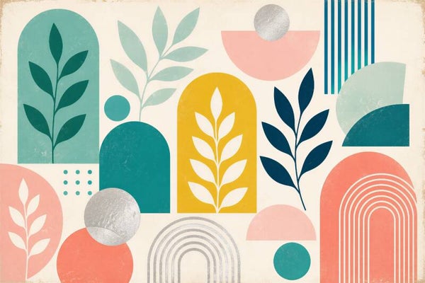 Geometric Flora Harmony – modern abstract schilderij met bogen en botanische takken