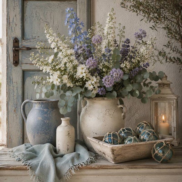 Landelijk Frans schilderij met bloemen en kruiken – brocante wanddecoratie