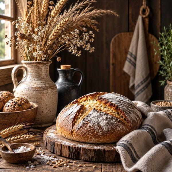 Brood uit de Landkeuken – landelijk schilderij met rustiek brood