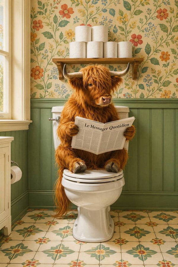 Brutaal & Borstelig – schilderij met Schotse hooglander op toilet