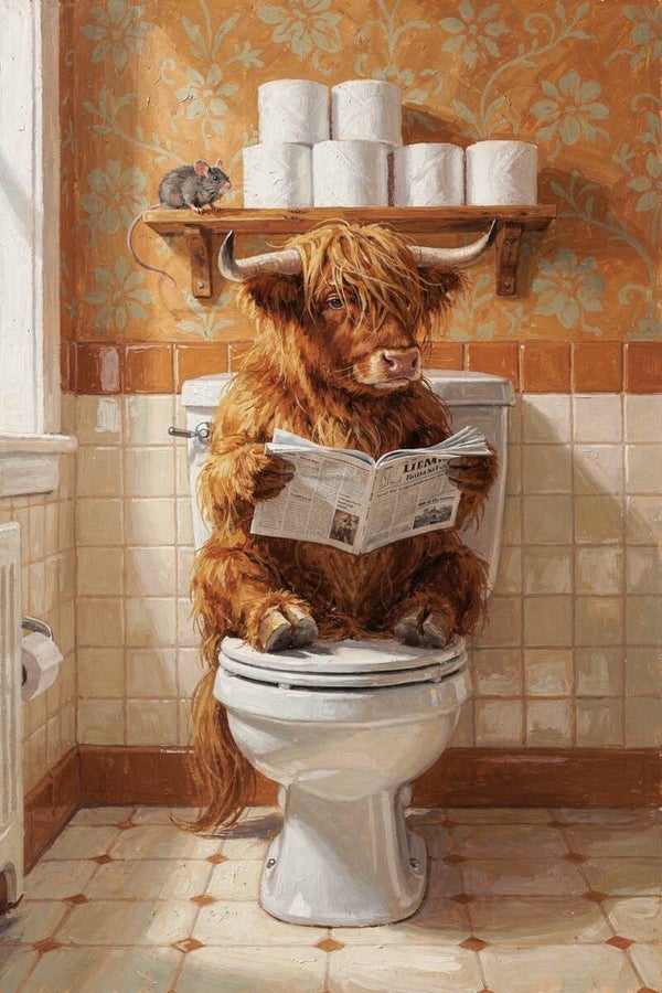 Brutaal & Borstelig – schilderij met Schotse hooglander op toilet