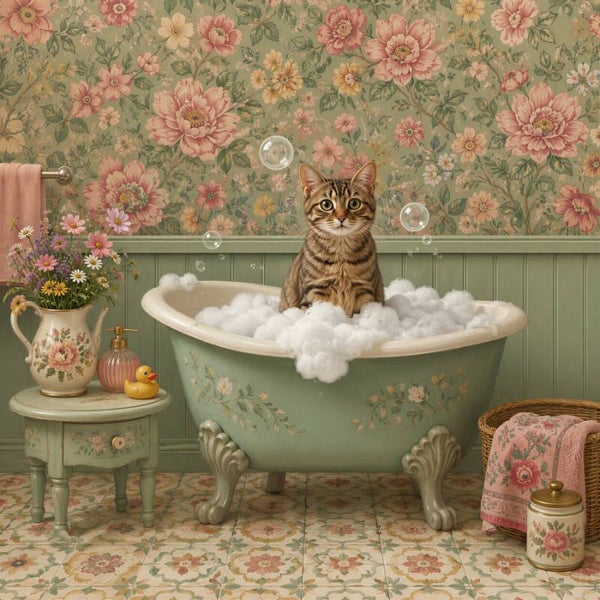 Bubbelbad Avontuur – landelijk schilderij kat badkuip vintage badkamer
