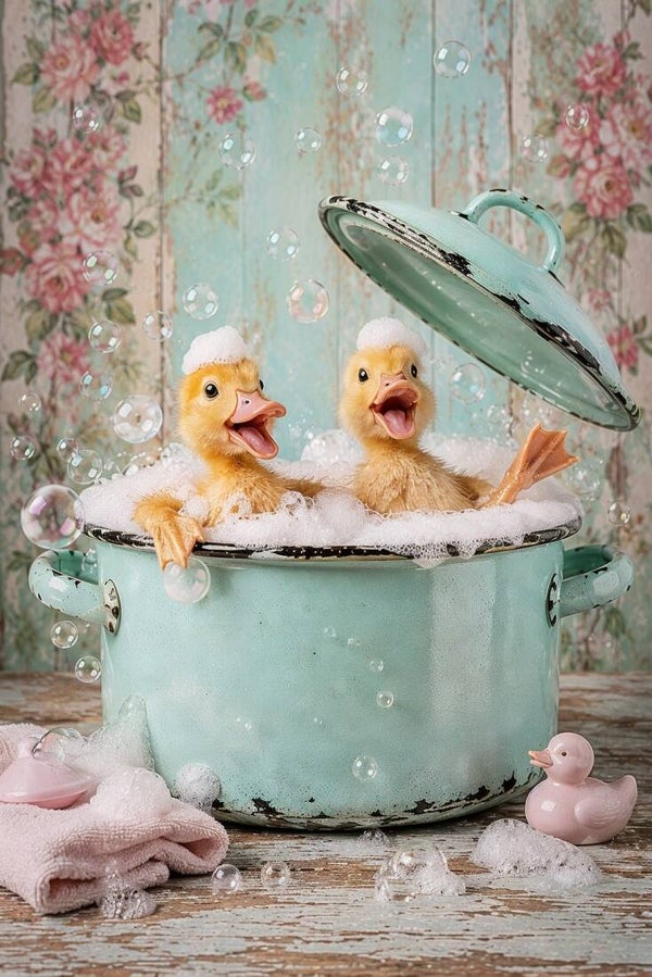Bubbels & Kwetterpret – grappig schilderij met eendjes in vintage emaille bad