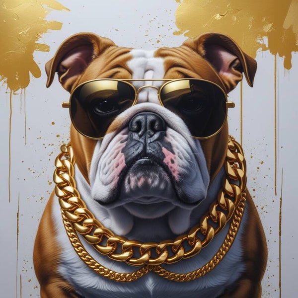 Golden Attitude – bulldog schilderij met gouden ketting en zonnebril