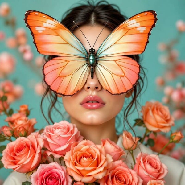 Butterfly Bloom – vrouw schilderij met vlinder en rozen