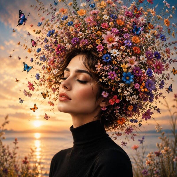 Butterfly Sunset – Vrouw schilderij met bloemenkroon en vlinders